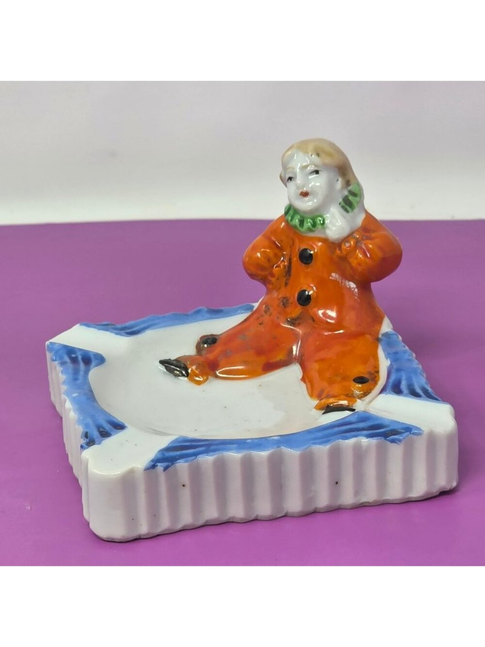 Vintage Clown Ashtray Porcelain Figural Orange Suit Blue Base Japan Mid Century
